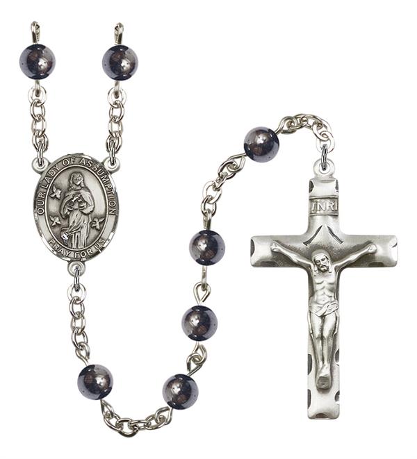 Our Lady of the Assumption Rosary, 6mm Hematite Beads, Silver Plate, # 11882