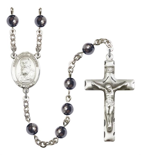 St. Daniel Comboni Rosary, 6mm Hematite Beads, Silver Plate, # 11893