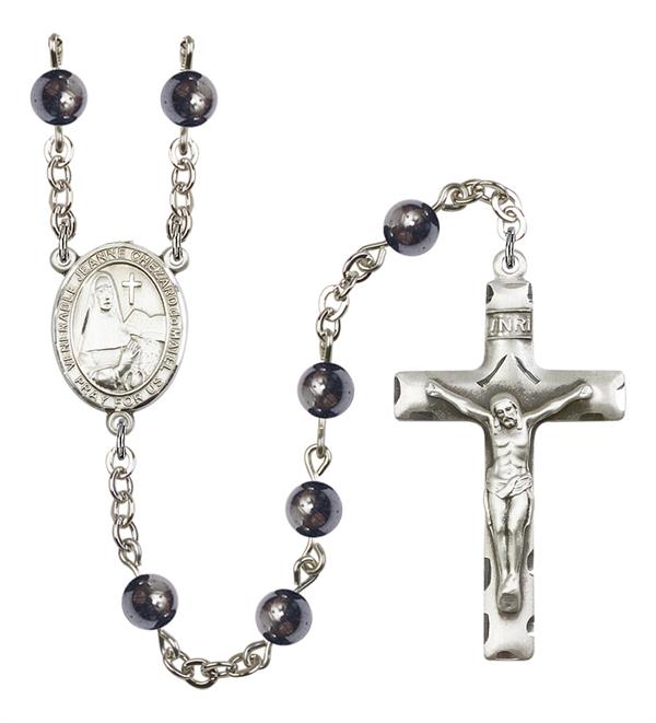 St. Jeanne Chezard de Matel Rosary, 6mm Hematite Beads, Silver Plate, # 11894