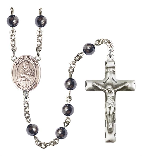 St. Fidelis Rosary, 6mm Hematite Beads, Silver Plate, # 11920