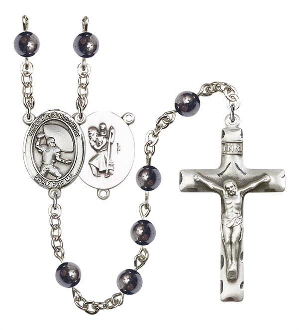 St. Christopher / Football Rosary, 6mm Hematite Beads, Silver Plate, # 11945
