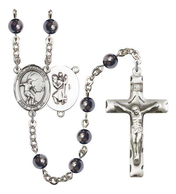 St. Christopher / Soccer Rosary, 6mm Hematite Beads, Silver Plate, # 11947