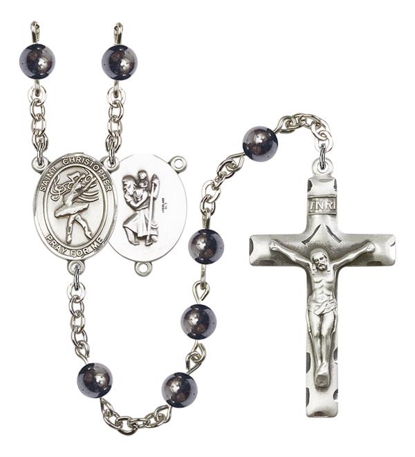 St. Christopher / Dance Rosary, 6mm Hematite Beads, Silver Plate, # 11956