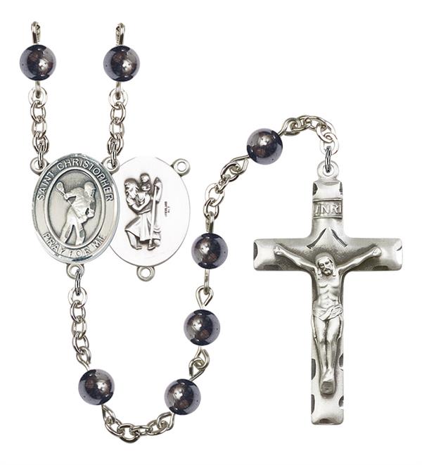 St. Christopher / Lacrosse Rosary, 6mm Hematite Beads, Silver Plate, # 11966