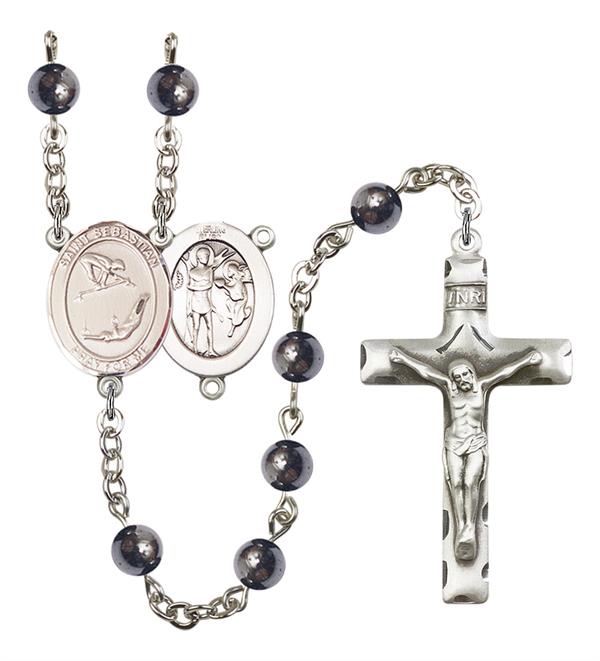 St. Sebastian / Gymnastics Rosary, 6mm Hematite Beads, Silver Plate, # 11981