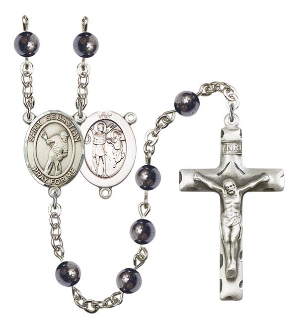 St. Sebastian / Lacrosse Rosary, 6mm Hematite Beads, Silver Plate, # 11984