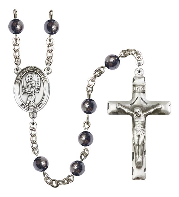Guardian Angel / Baseball Rosary, 6mm Hematite Beads, Silver Plate, # 11986