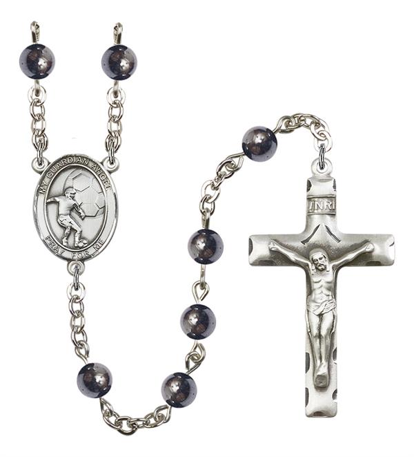 Guardian Angel / Soccer Rosary, 6mm Hematite Beads, Silver Plate, # 11989