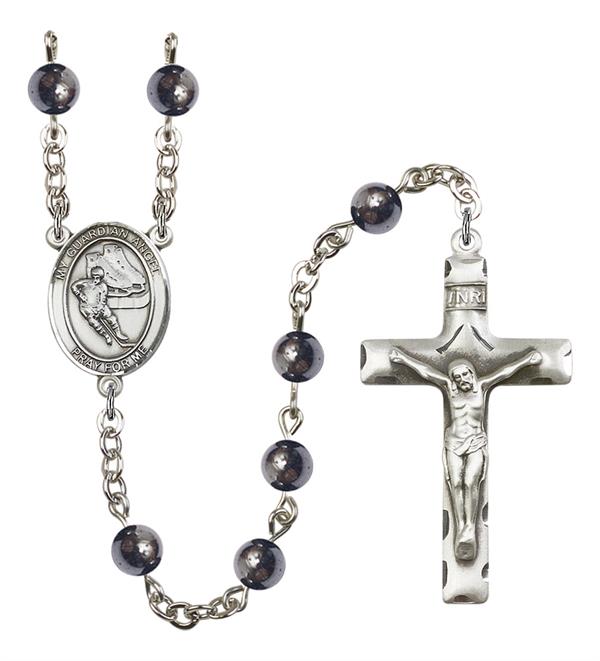 Guardian Angel / Hockey Rosary, 6mm Hematite Beads, Silver Plate, # 11990