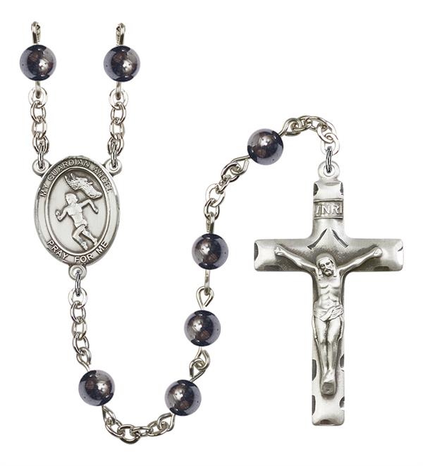 Guardian Angel / Women's Track & Field Rosary, 6mm Hematite Beads, Silver Plate, # 11996