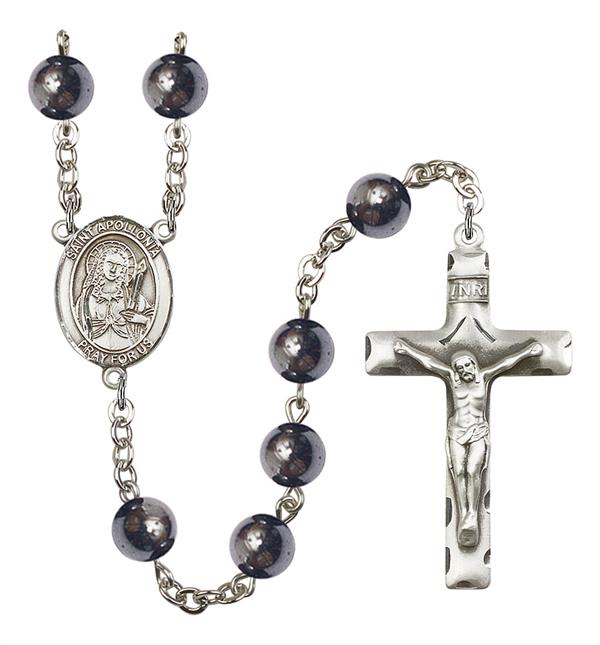 St. Apollonia Rosary, 8mm Hematite Beads, Silver Plate, # 10967