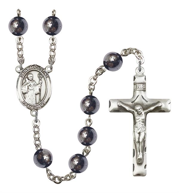 St. Augustine Rosary, 8mm Hematite Beads, Silver Plate, # 10970