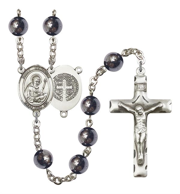 St. Benedict Rosary, 8mm Hematite Beads, Silver Plate, # 10971