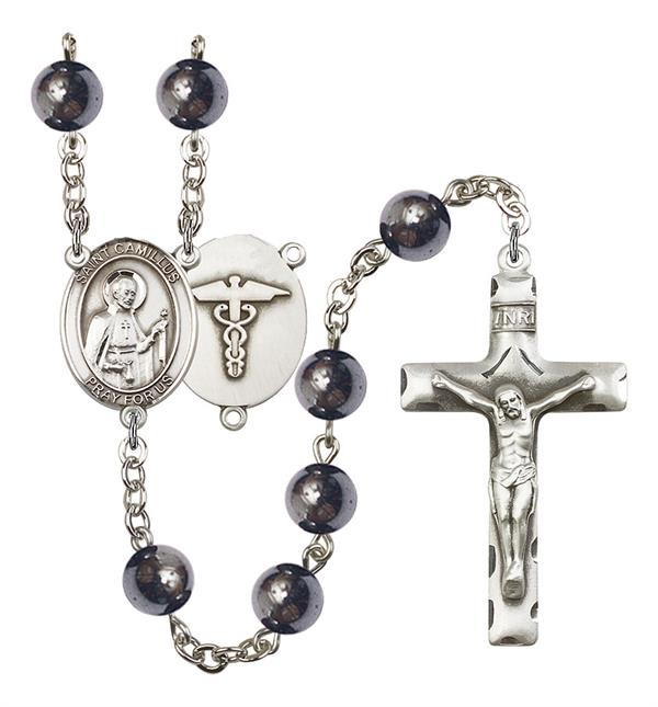 St. Camillus Nurse Rosary, 8mm Hematite Beads, Silver Plate, # 10984