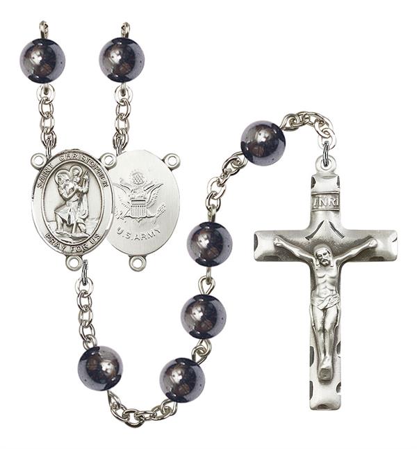 St. Christopher U.S. Army Rosary, 8mm Hematite Beads, Silver Plate, # 10990