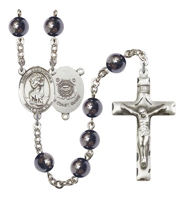 St. Christopher U.S. Coast Guard Rosary, 8mm Hematite Beads, Silver Plate, # 10991