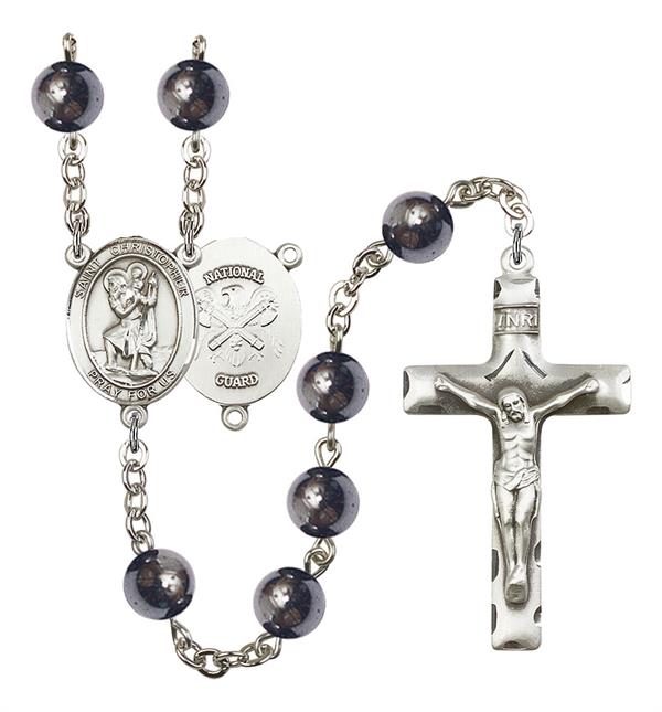 St. Christopher National Guard Rosary, 8mm Hematite Beads, Silver Plate, # 10994
