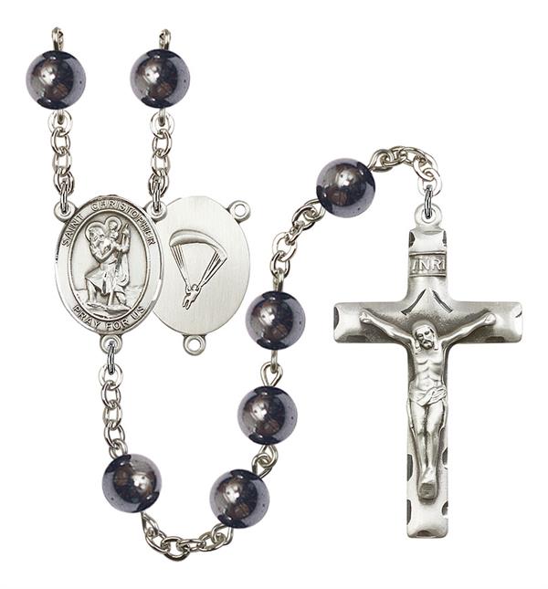 St. Christopher Paratrooper Skydiver Rosary, 8mm Hematite Beads, Silver Plate, # 10997