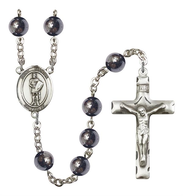 St. Florian Rosary, 8mm Hematite Beads, Silver Plate, # 11018