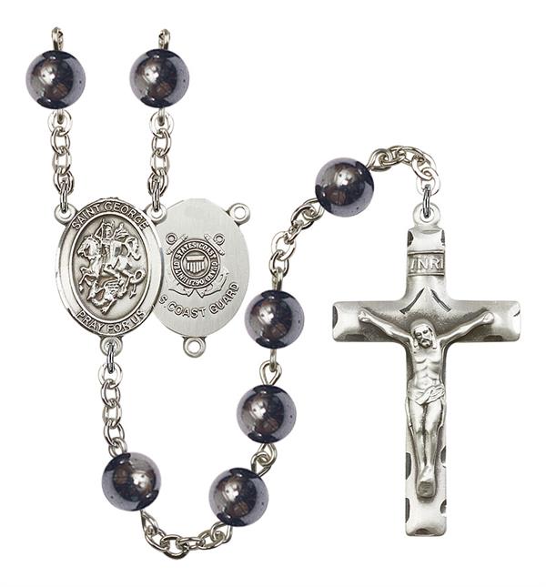 St. George U.S. Coast Guard Rosary, 8mm Hematite Beads, Silver Plate, # 11036