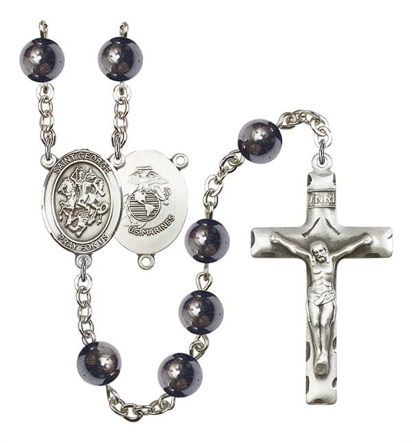 St. George U.S. Marines Rosary, 8mm Hematite Beads, Silver Plate, # 11038