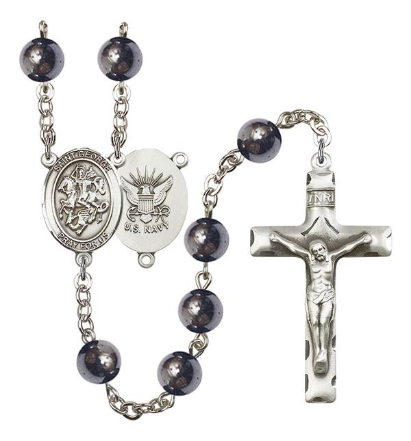 St. George U.S. Navy Rosary, 8mm Hematite Beads, Silver Plate, # 11046