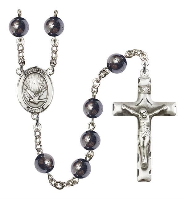 Holy Spirit Rosary, 8mm Hematite Beads, Silver Plate, # 11052