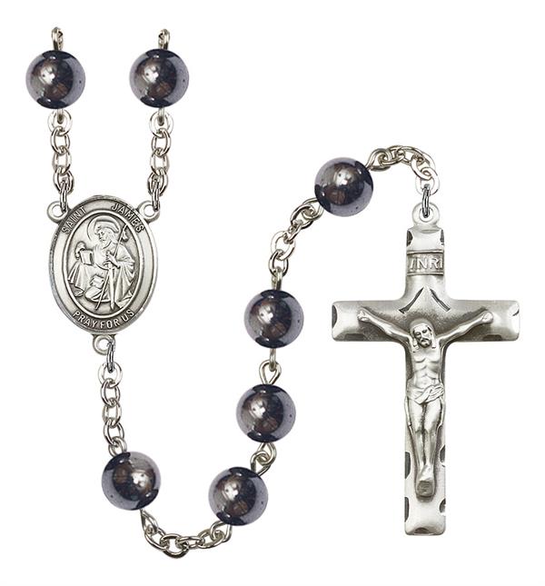 St. James Rosary, 8mm Hematite Beads, Silver Plate, # 11058