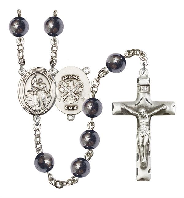 St. Joan of Arc National Guard Rosary, 8mm Hematite Beads, Silver Plate, # 11063