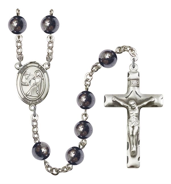 St. Luke Rosary, 8mm Hematite Beads, Silver Plate, # 11081