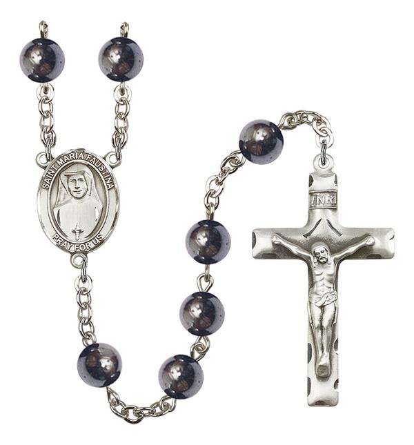 St. Maria Faustina Rosary, 8mm Hematite Beads, Silver Plate, # 11083