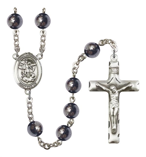 St. Michael Rosary, 8mm Hematite Beads, Silver Plate, # 11090