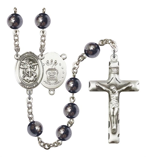 St. Michael U.S. Air Force Rosary, 8mm Hematite Beads, Silver Plate, # 11091