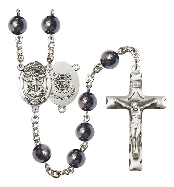St. Michael U.S. Coast Guard Rosary, 8mm Hematite Beads, Silver Plate, # 11093