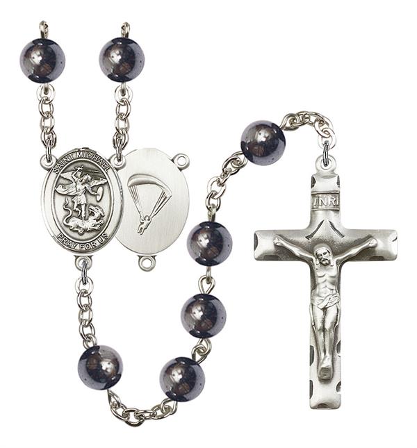 St. Michael Paratrooper Skydiver Rosary, 8mm Hematite Beads, Silver Plate, # 11097