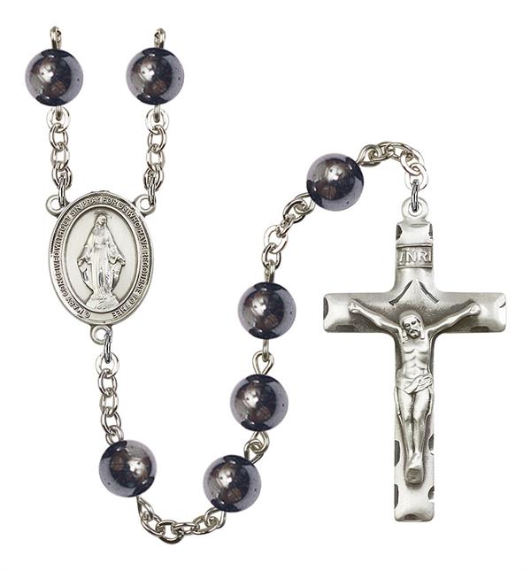 Miraculous Medal Rosary, 8mm Hematite Beads, Silver Plate, # 11101