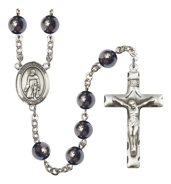 St. Peregrine Rosary, 8mm Hematite Beads, Silver Plate, # 11112
