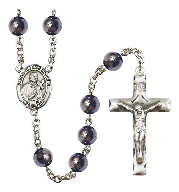 St. Martin de Porres Rosary, 8mm Hematite Beads, Silver Plate, # 11113