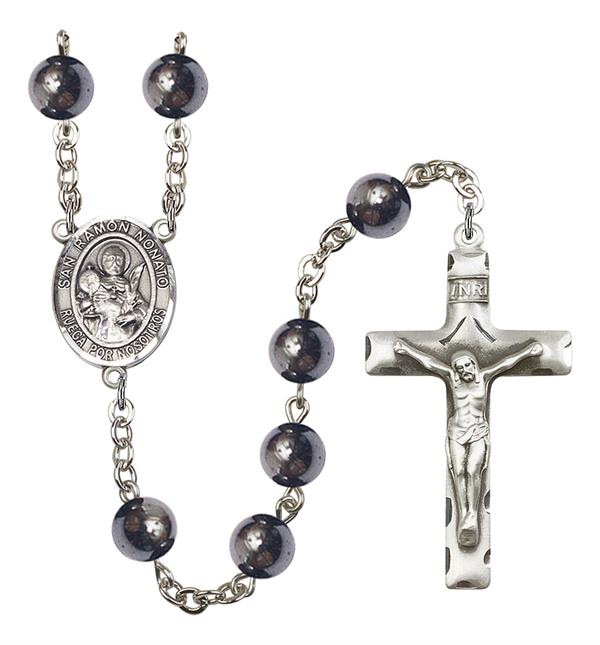 San Ramon Nonato Spanish Rosary, 8mm Hematite Beads, Silver Plate, # 11118