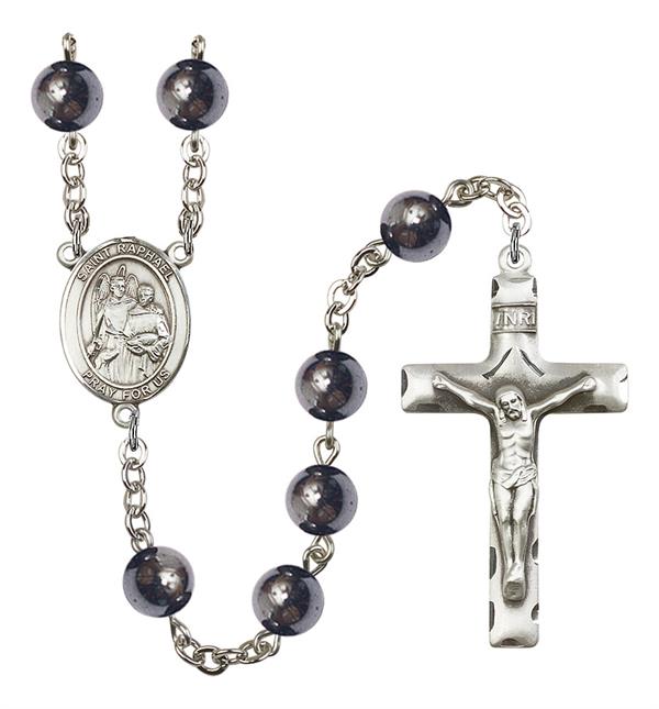 St. Raphael Rosary, 8mm Hematite Beads, Silver Plate, # 11119