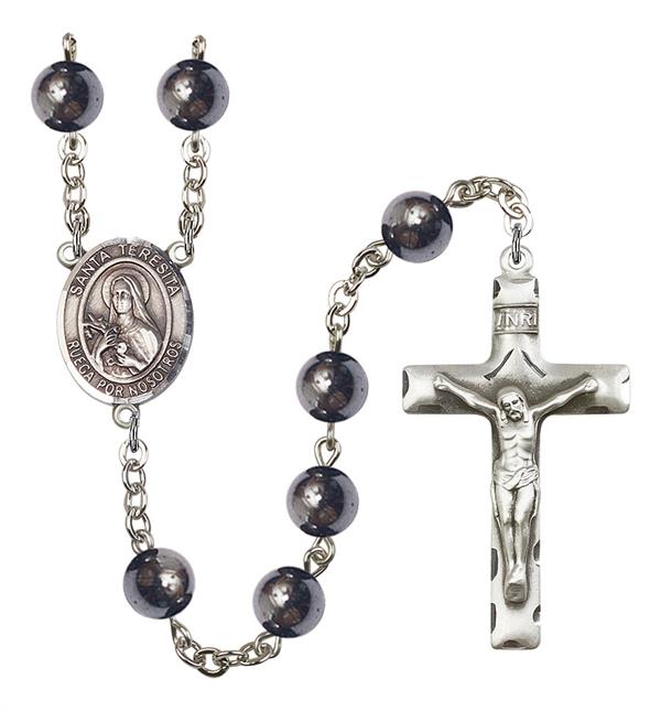 Santa Teresita Spanish Rosary, 8mm Hematite Beads, Silver Plate, # 11141