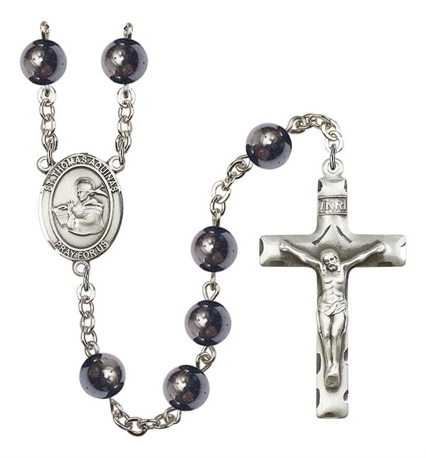 St. Thomas Aquinas Rosary, 8mm Hematite Beads, Silver Plate, # 11143