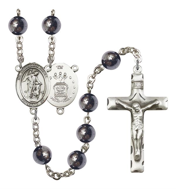 Guardian Angel U.S. Air Force Rosary, 8mm Hematite Beads, Silver Plate, # 11155