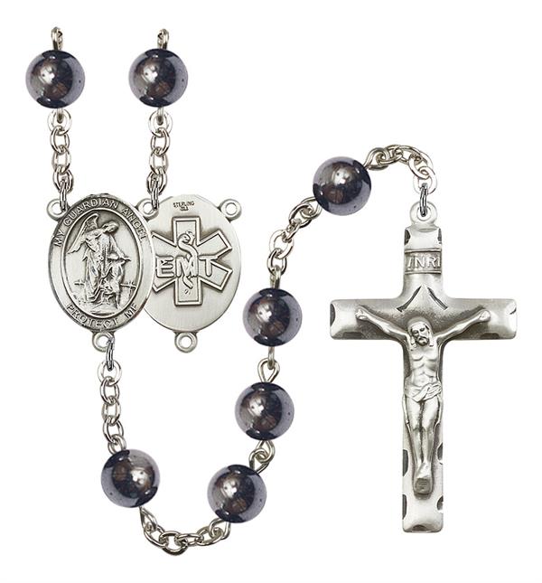 Guardian Angel EMT Rosary, 8mm Hematite Beads, Silver Plate, # 11162