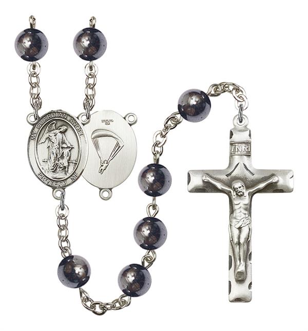 Guardian Angel Paratrooper Skydiver Rosary, 8mm Hematite Beads, Silver Plate, # 11161