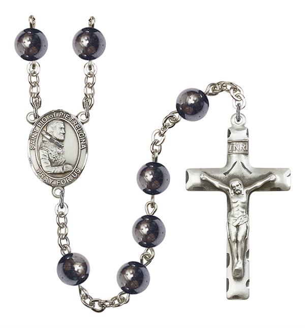 St. Pio of Pietrelcina Rosary, 8mm Hematite Beads, Silver Plate, # 11170