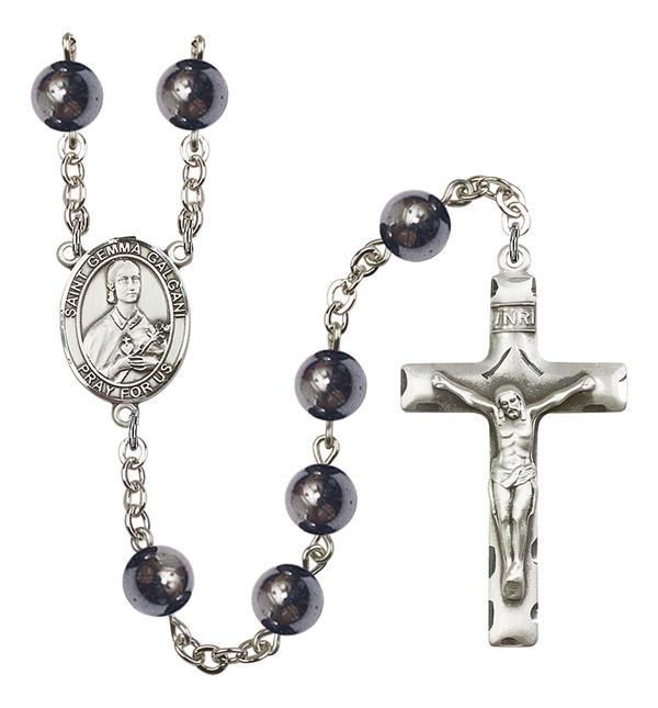 St. Gemma Galgani Rosary, 8mm Hematite Beads, Silver Plate, # 11177