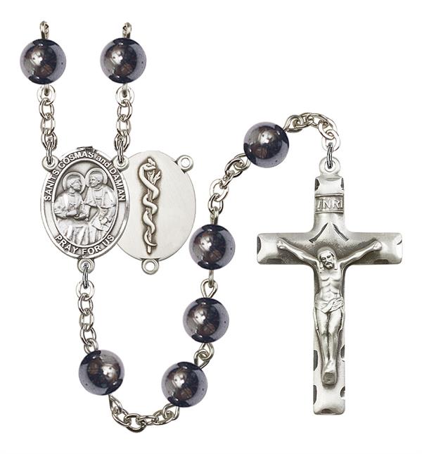 Sts. Cosmas and Damian Doctor's Rosary, 8mm Hematite Beads, Silver Plate, # 11180