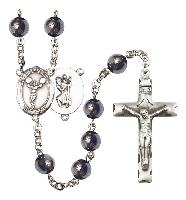 St. Christopher / Cheerleading Rosary, 8mm Hematite Beads, Silver Plate, # 11188