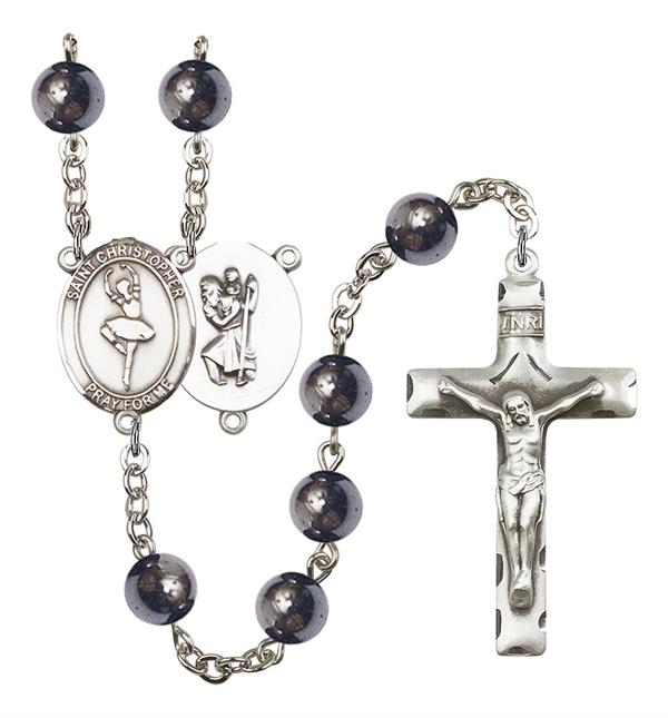St. Christopher / Dance Rosary, 8mm Hematite Beads, Silver Plate, # 11190